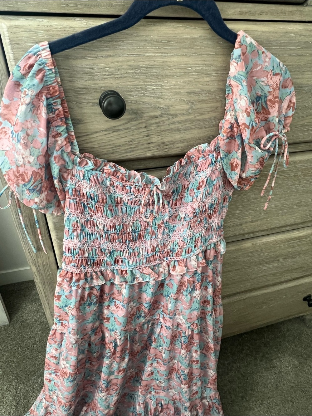 Smocked Floral Maxi Dress in Pink and Aqua